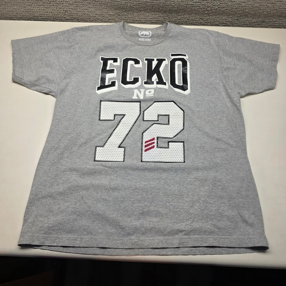 Ecko Unltd Mens XL Gray Graphic T-Shirt Short Sleeve Varsity No 72 Streetwear